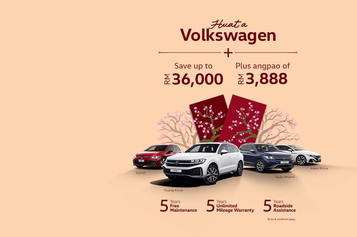 Enjoy savings of up to RM36,000 + RM3,888 angpao rebate on your Volkswagen